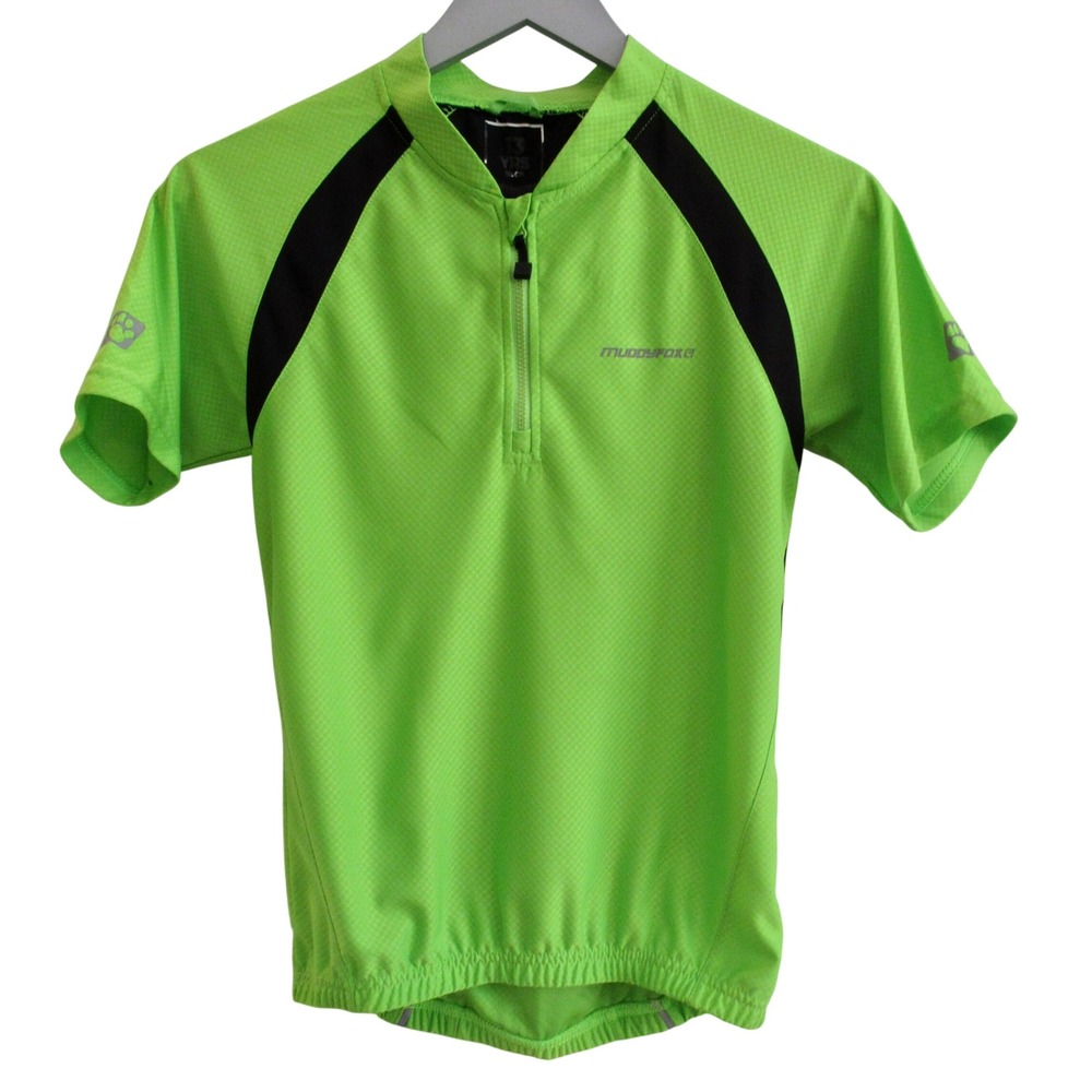 Muddyfox Kids Cycling Jersey Neon Lime Green Black Quarter Zip Short Sleeve 13Y